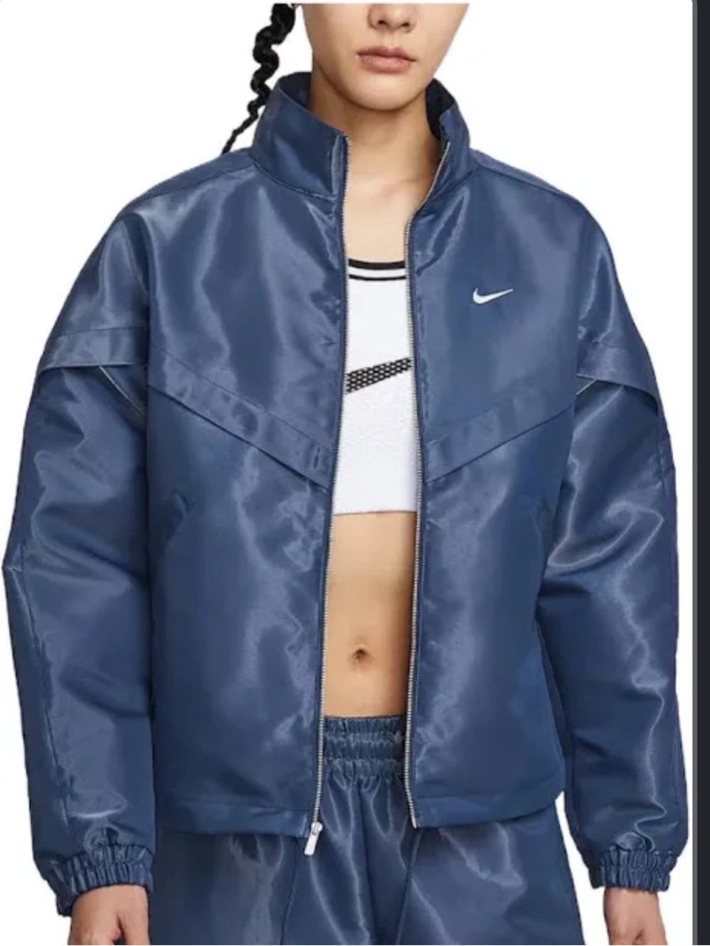 Nike Womenโs Satin-Look Navy Bomber Jacket